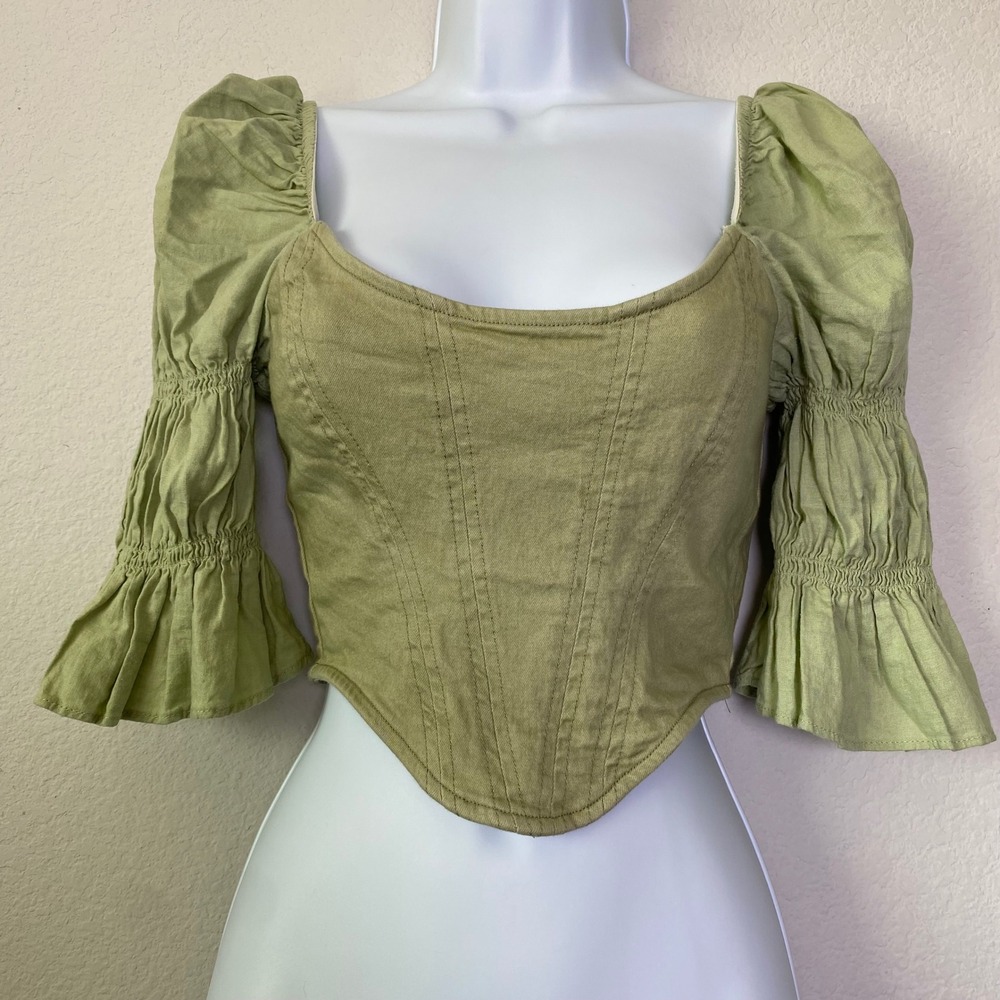 Urban Outfitters Corset Top XS‎ Green Womens Coquette Puff Sleeve Square Neck